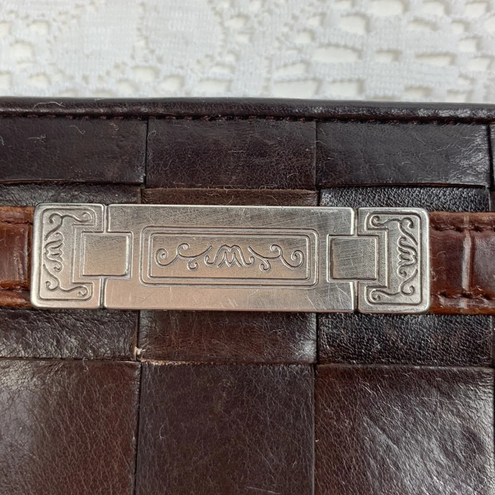 Brighton Vintage Leather Bifold Wallet Brown Black Slip zip pockets Silver logo